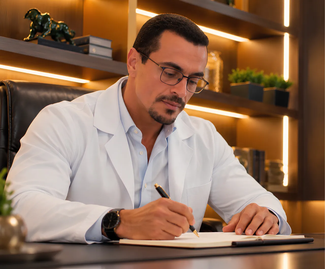 Dr. Victor Dal Col fazendo anotações à mesa de trabalho
